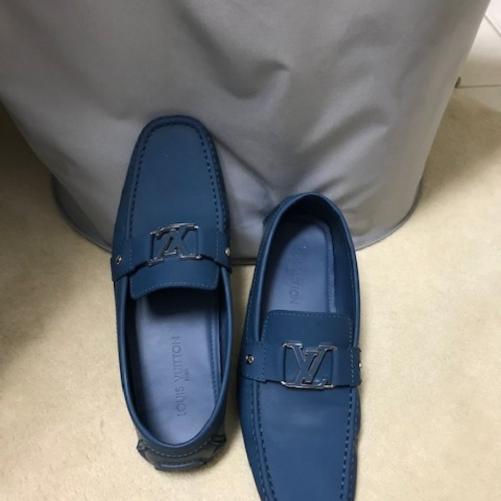 Louis Vuitton Blue Leather Loafers with Jeweled LV Emblem Size 11.5